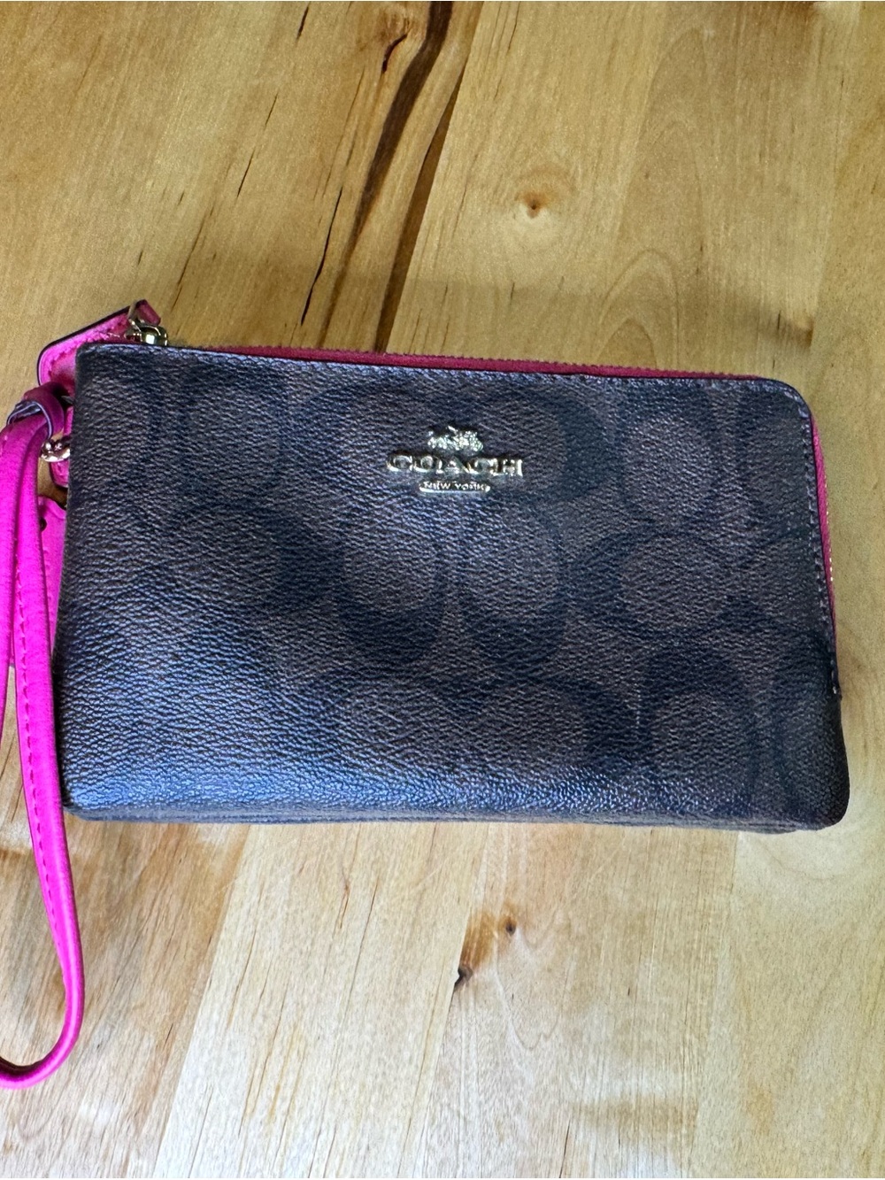 Coach Brown Signature Canvas Wristlet with Pink Trim